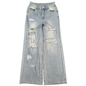 Womens Light Wash Distressed Baggy Wide Leg Jeans Size S Y2K 90s Retro